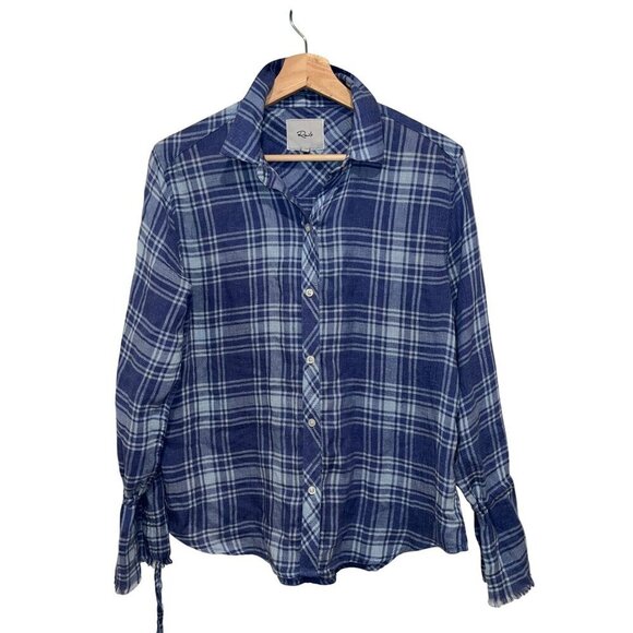 rails sky blue linen blend plaid button down top flowy frayed hem sleeve size XS - Picture 2 of 10